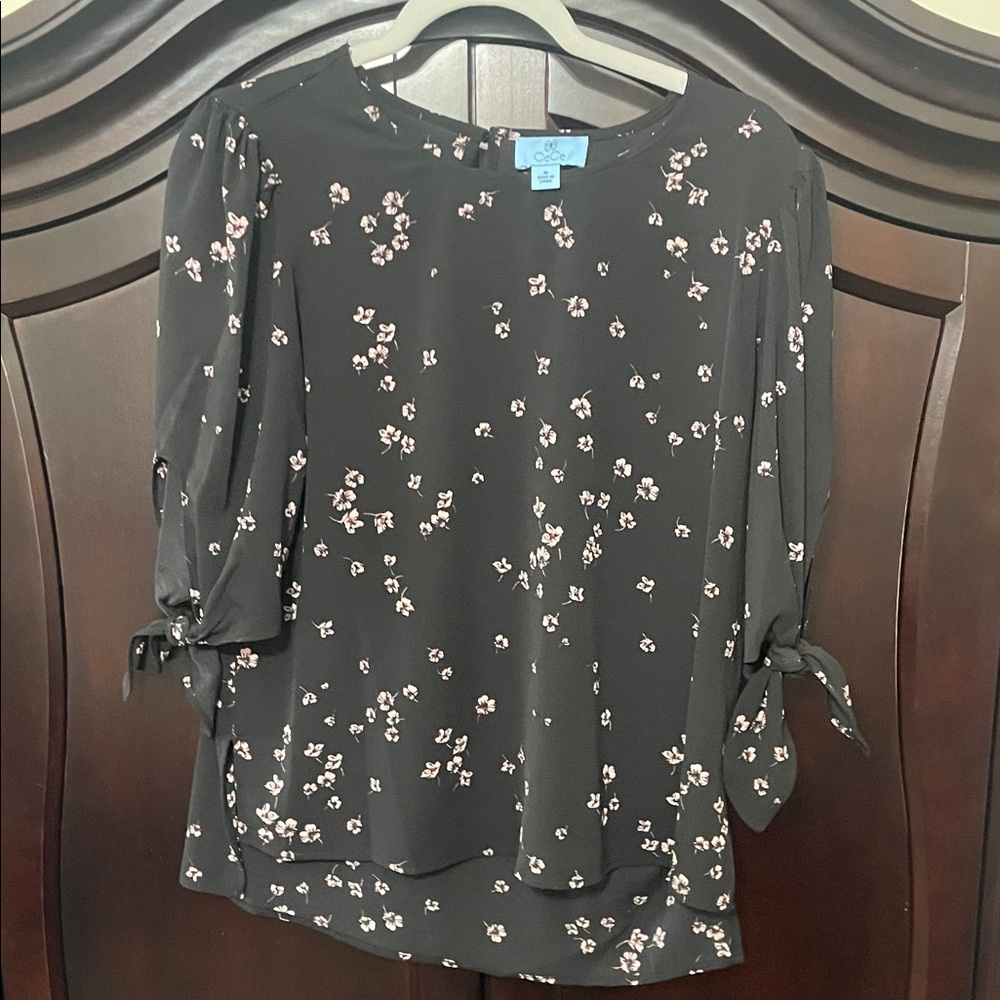 CeCe Black Floral Blouse with Pink Accents